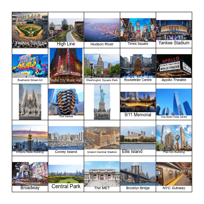 New York City Sights Bingo Card