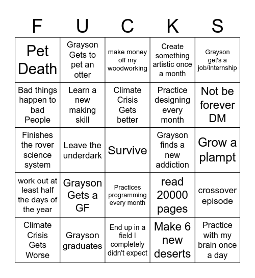 Grayson's Bingo Card