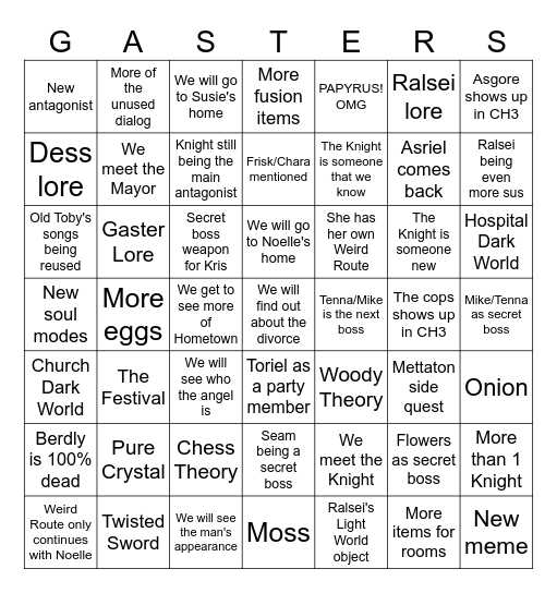 Deltarune Bingo Card