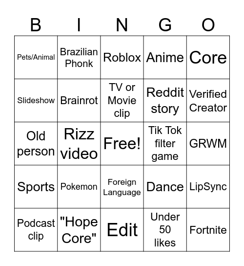 TikTok Bingo Card