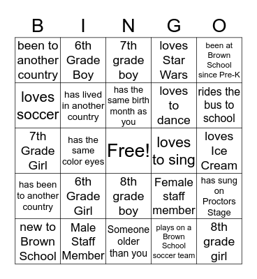 Brown School Upper School Bingo Card