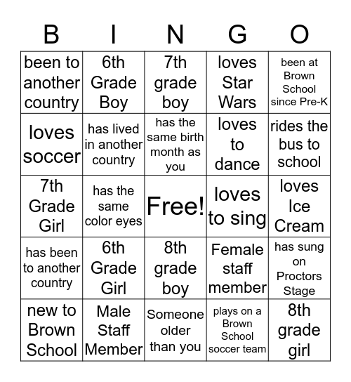 Brown School Upper School Bingo Card