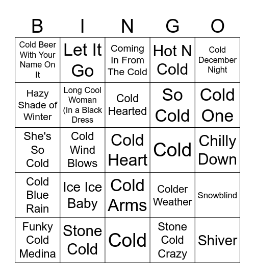 Cold Songs Bingo Card