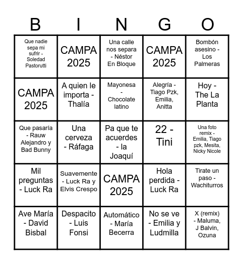 Campamento Providencia 2025 Bingo Card
