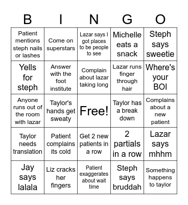 Lazar Bingo Card
