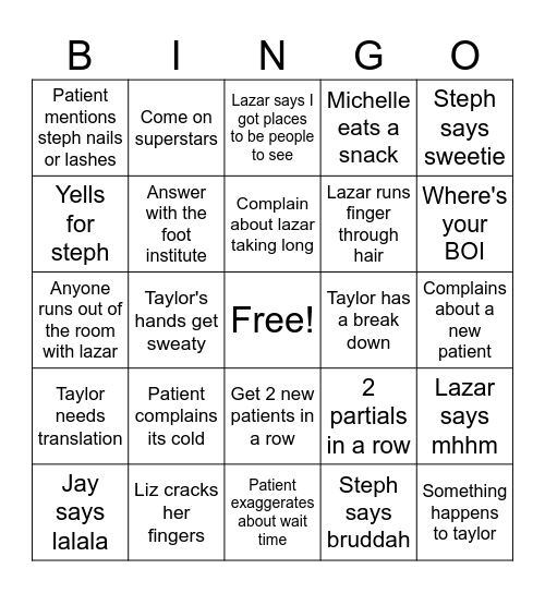 Lazar Bingo Card