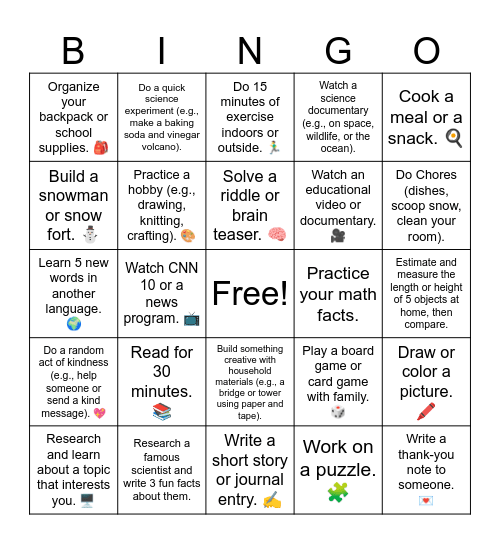 SNOW DAY BINGO Card