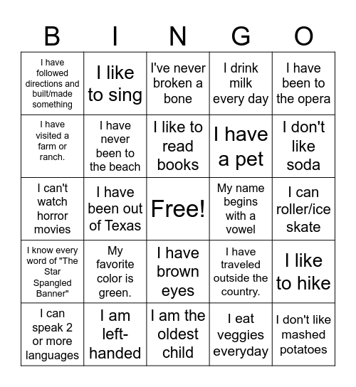 Get to Know You Bingo Card