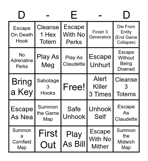 DbD Survivor BINGO Card