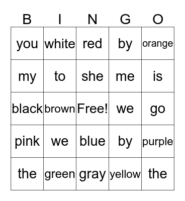 Sight Words Bingo Card