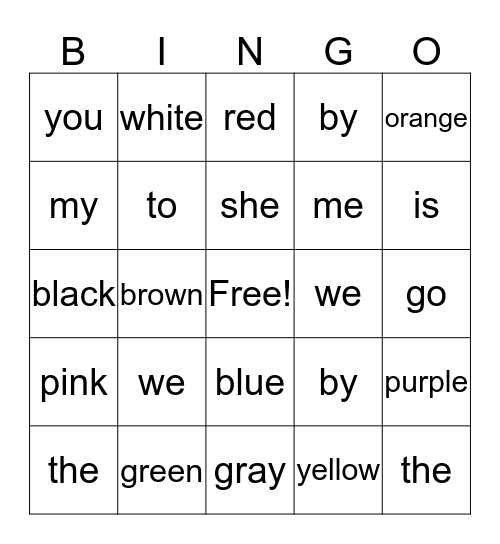 Sight Words Bingo Card