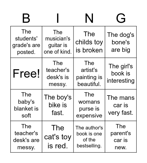Singular Possessive Bingo Card
