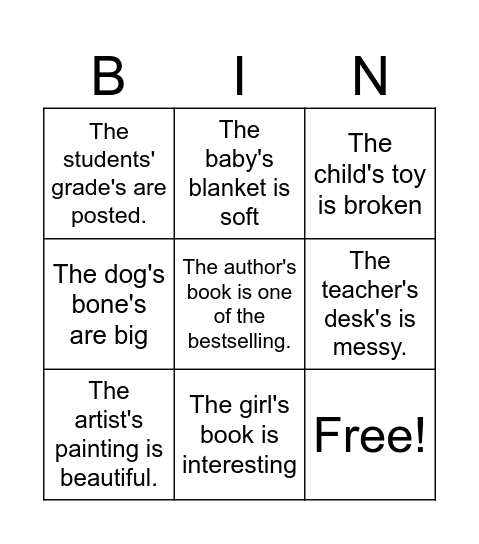 Singular Possessive Bingo Card