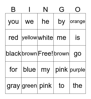 Sight Words Bingo Card
