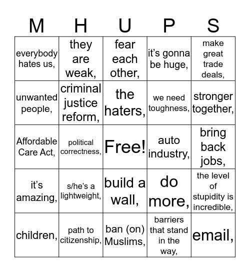 Election 2016 Debate Bingo! Bingo Card