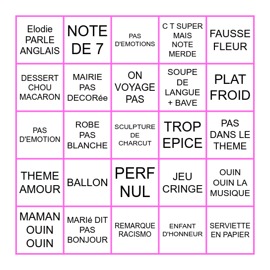 Bingo 4 mariages Bingo Card