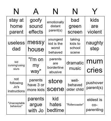 Supernanny Bingo Card Bingo Card