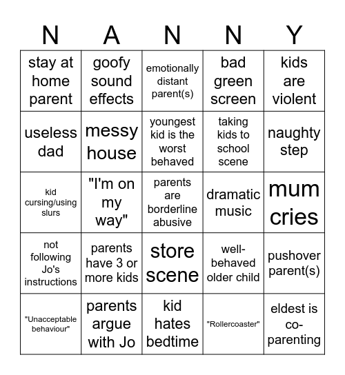 Supernanny Bingo Card Bingo Card