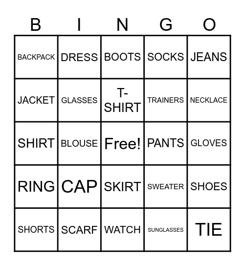 My Favorite Thing to Wear Bingo Card