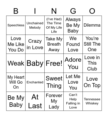 Love Songs Bingo Card