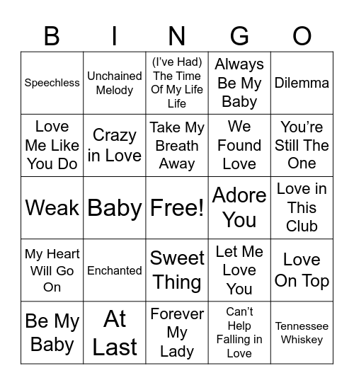 Love Songs Bingo Card