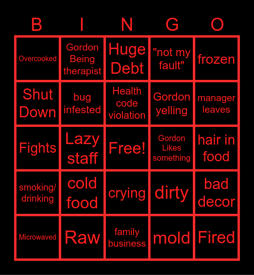 Kitchen Nightmares Bingo Card