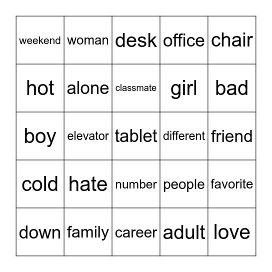 Vocabulary Bingo Card