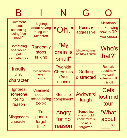 Twonky Chrock Bingo Card