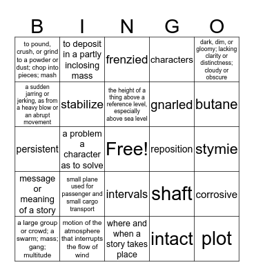 Hatchet Vocabulary Bingo Card