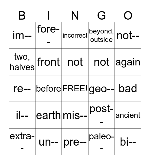 PREFIX BINGO Card