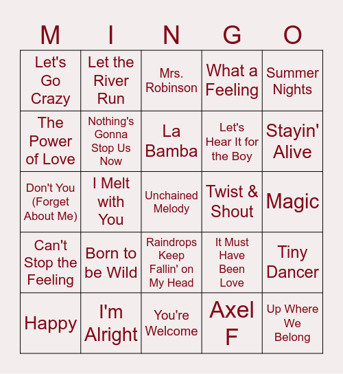Movies Songs Bingo Card