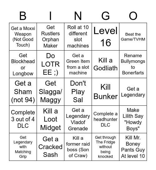 Borderlands 2 Bingo Card