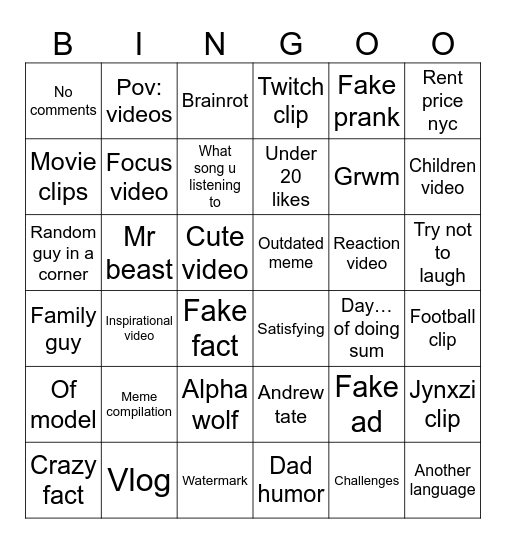 Youtube shorts Bingo Card