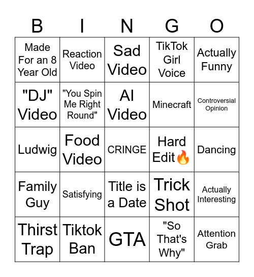 YouTube Shorts Bingo Card