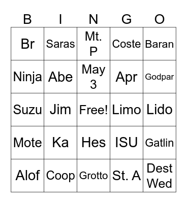 Bingo 1 Bingo Card