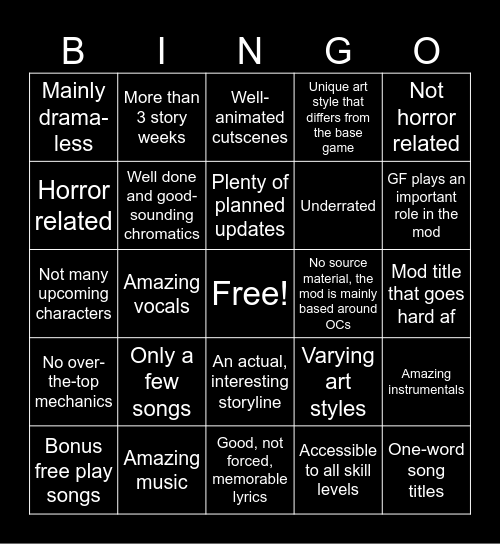 Modern FNF mod bingo card Bingo Card