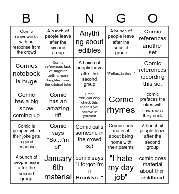 Open Mic Bingo Card