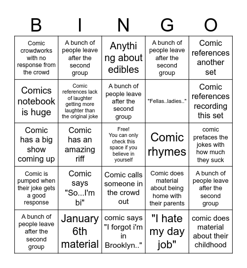 Open Mic Bingo Card