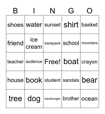 ADD AN ADJECTIVE TO THE NOUN Bingo Card