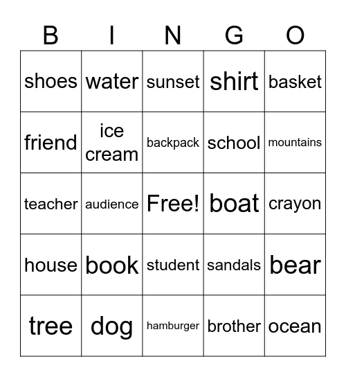 ADD AN ADJECTIVE TO THE NOUN Bingo Card