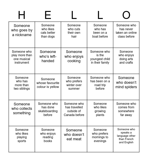 GET TO KNOW YOU BINGO :) Bingo Card