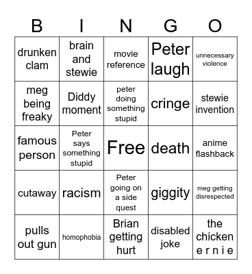 family guy Bingo Card