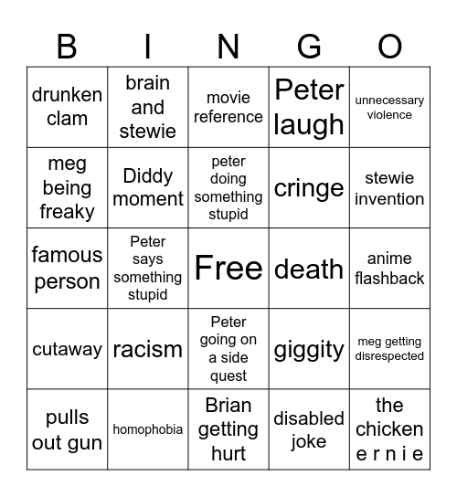 family guy Bingo Card