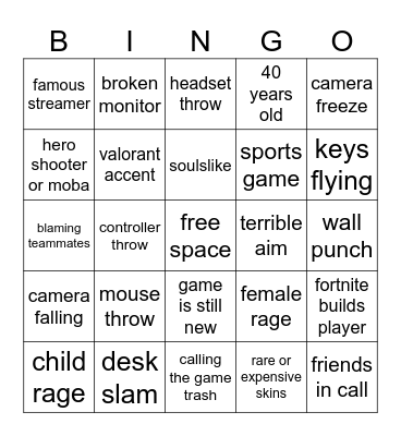 gamer rage bingo Card