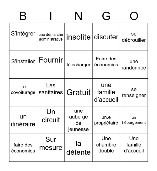 Dossier 1 : vocabulaire Bingo Card