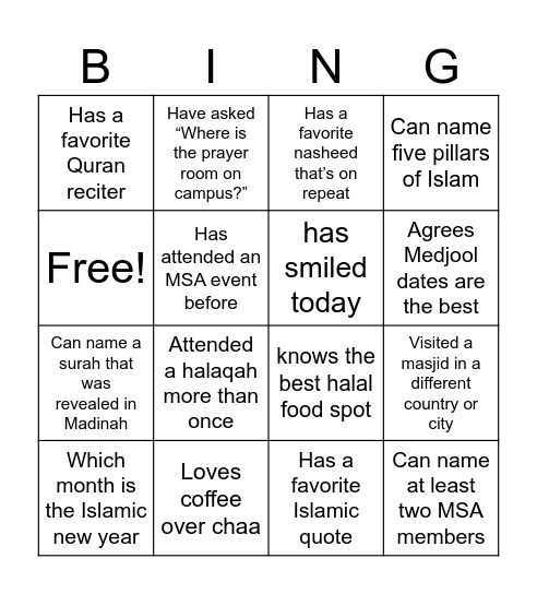 MSA Bingo !!! Bingo Card
