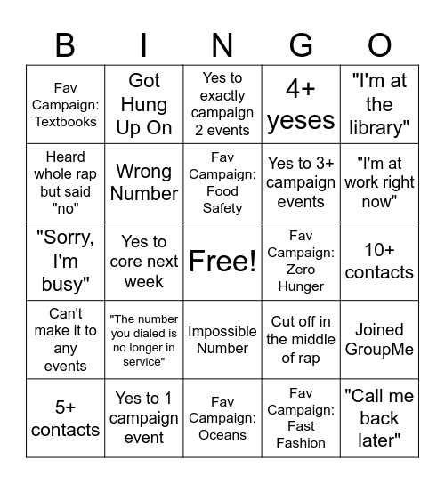 PHONEBANKING BINGO Card