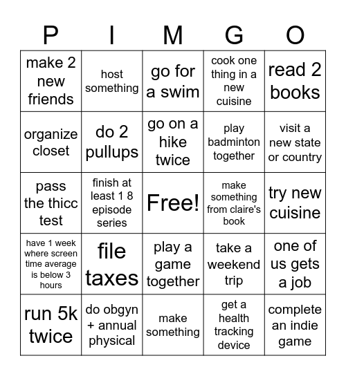 Pimgo Bingo Card