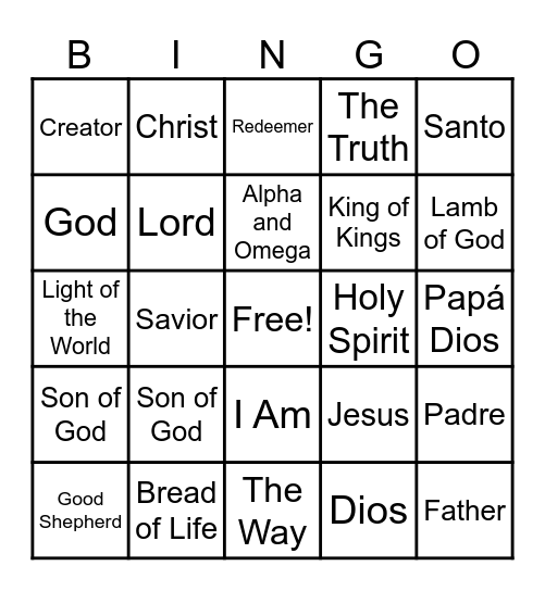 Different Names of Jesus Bingo Card