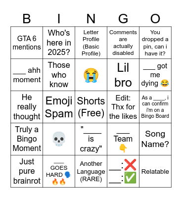 YouTube Shorts Bingo Card